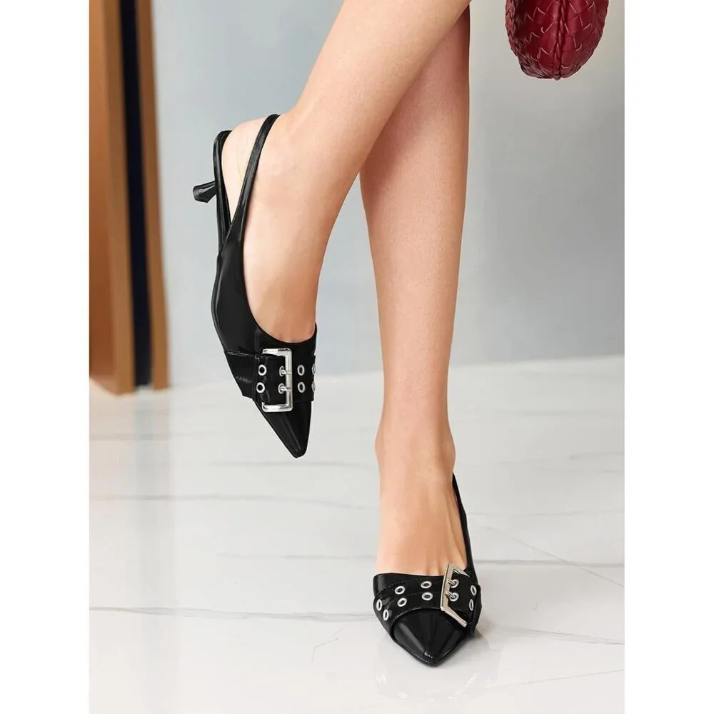 Women's Black Slingback Kitten Low Heel Closed Pointed Toe Pumps D’Orsay Buckle